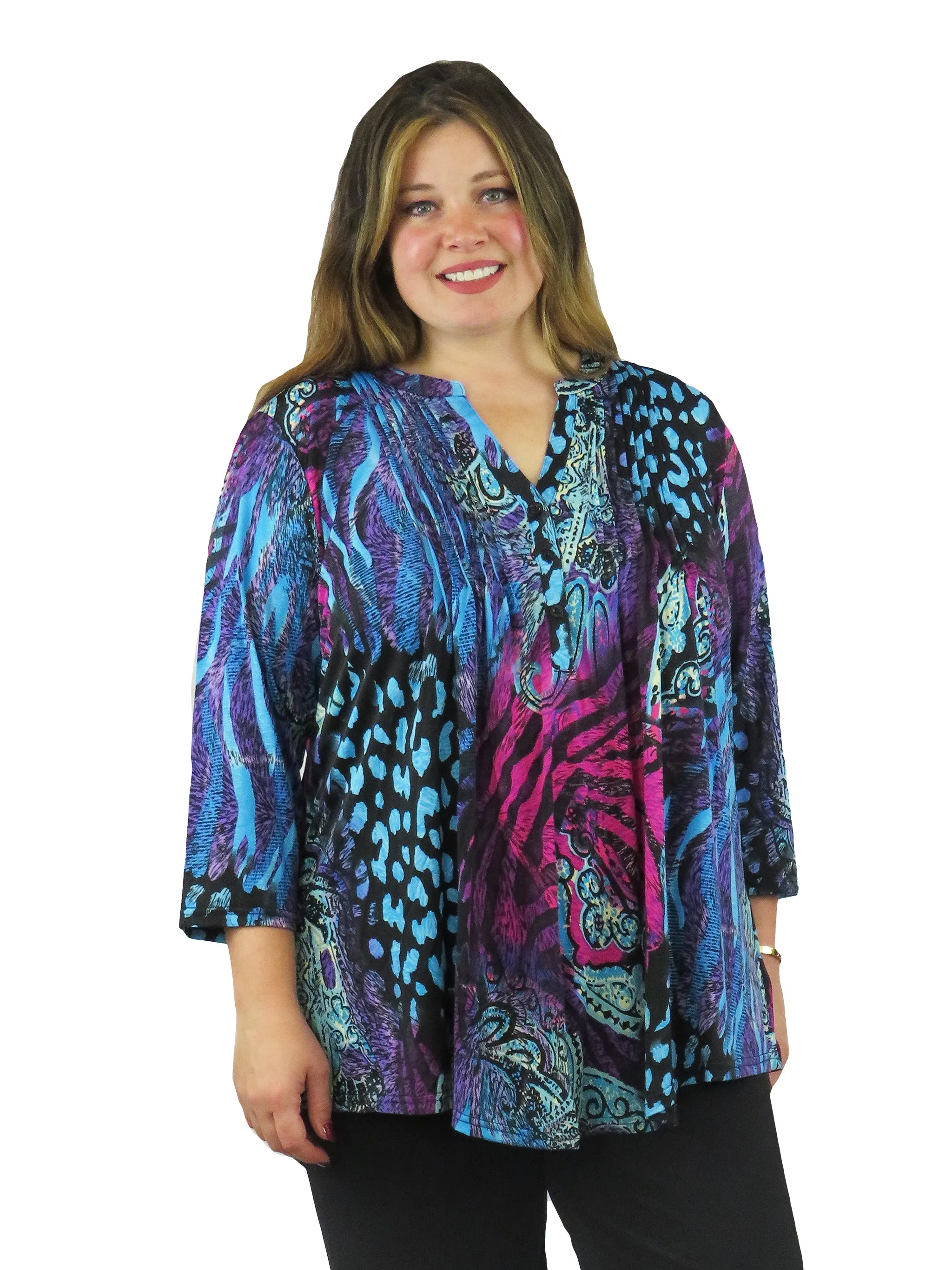 Plus Size La Cera Pleat Front Printed Tunic Purple