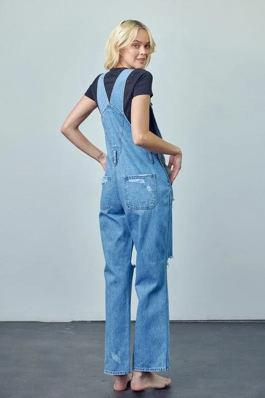 Pocket Patched Ripped Denim Overalls