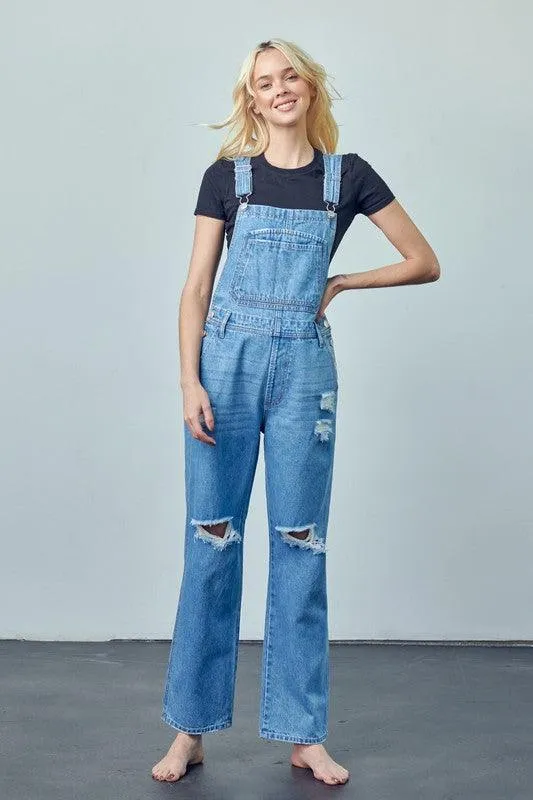 Pocket Patched Ripped Denim Overalls