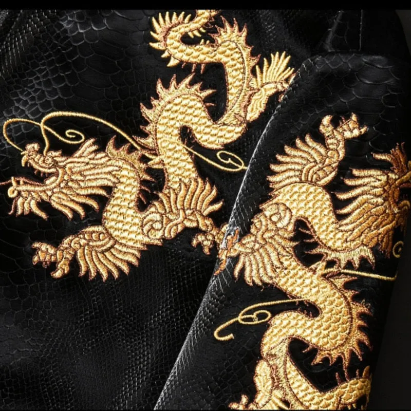 PU Leather Golden Eastern Dragon Embroidery Jacket