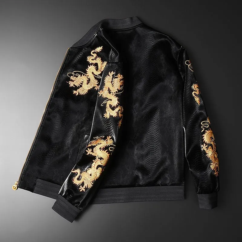 PU Leather Golden Eastern Dragon Embroidery Jacket