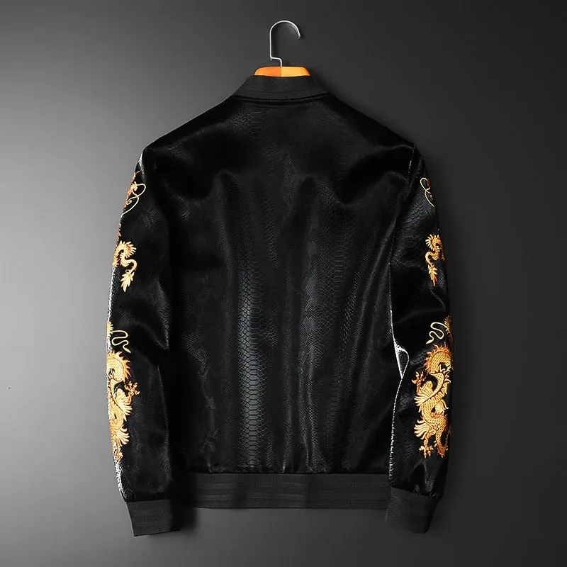 PU Leather Golden Eastern Dragon Embroidery Jacket