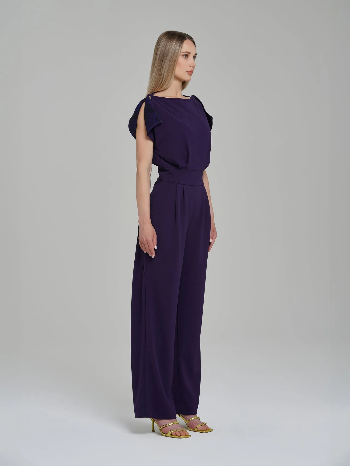 Purple Short Sleeve Boat Neck Wide-Leg Full-Length Formal Jumpsuit NIKA