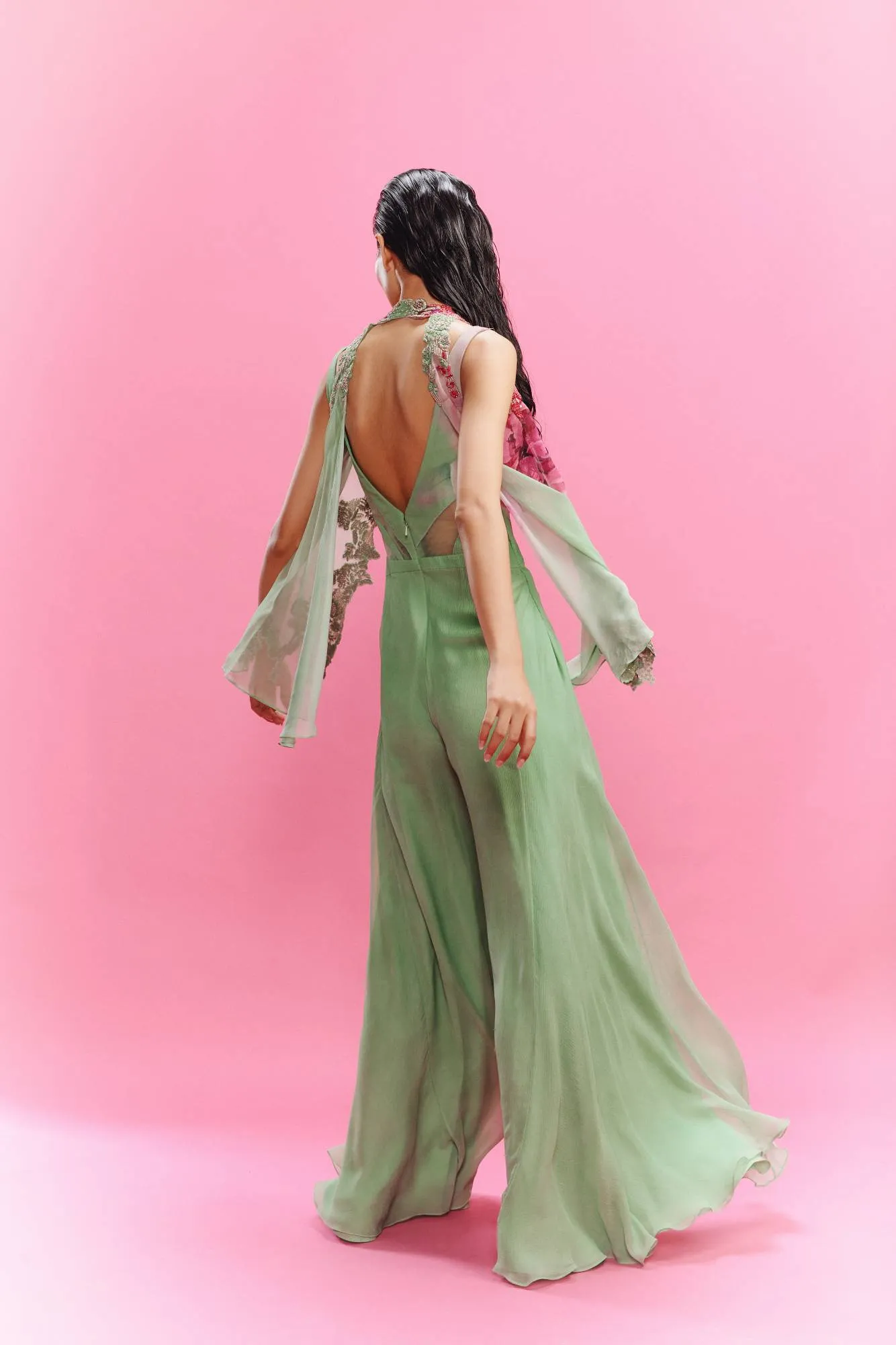 "Elara" Chiffon Watercolor Flower Jumpsuit with a Shrug