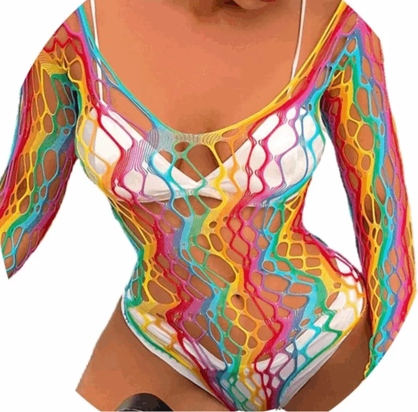 Rainbow Mesh Fishnet Bodysuit Rave Festival Outfit Swim Cover