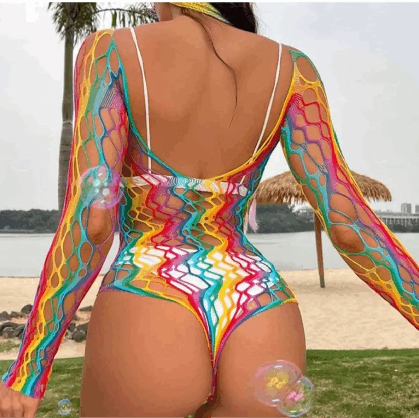 Rainbow Mesh Fishnet Bodysuit Rave Festival Outfit Swim Cover