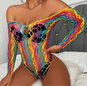 Rainbow Mesh Fishnet Bodysuit Rave Festival Outfit Swim Cover