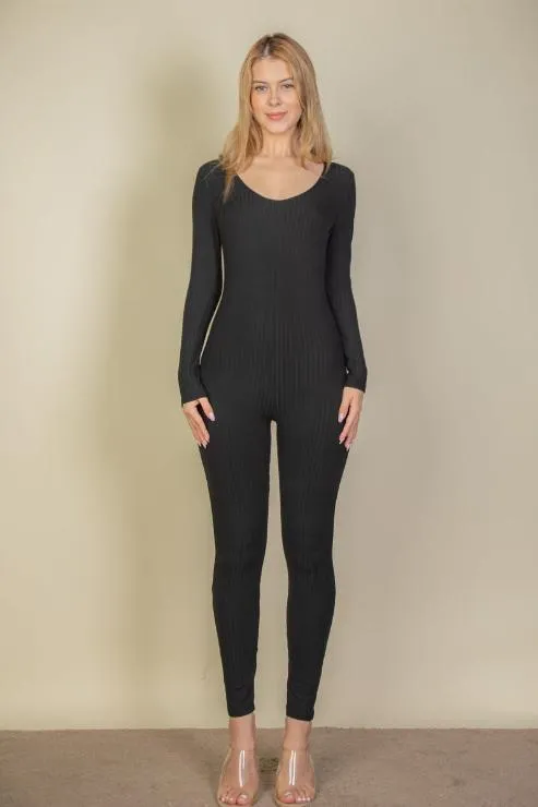 Ribbed Scoop Neck Long Sleeve Jumpsuit