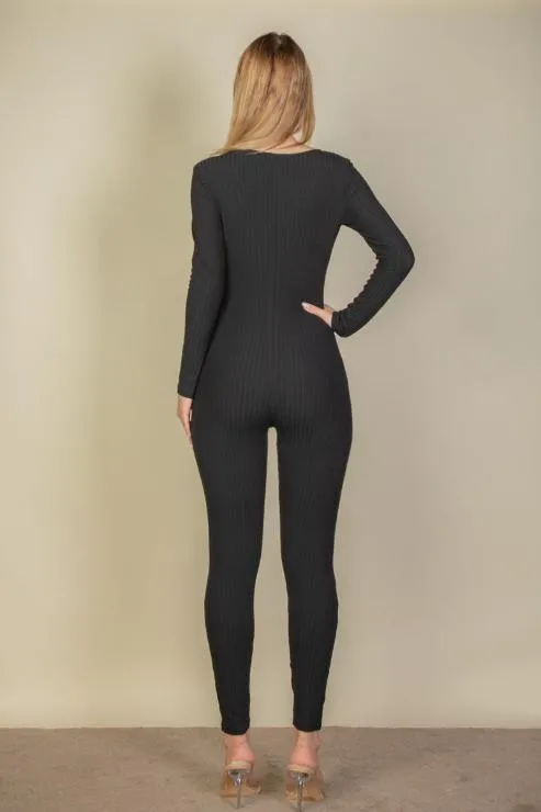 Ribbed Scoop Neck Long Sleeve Jumpsuit