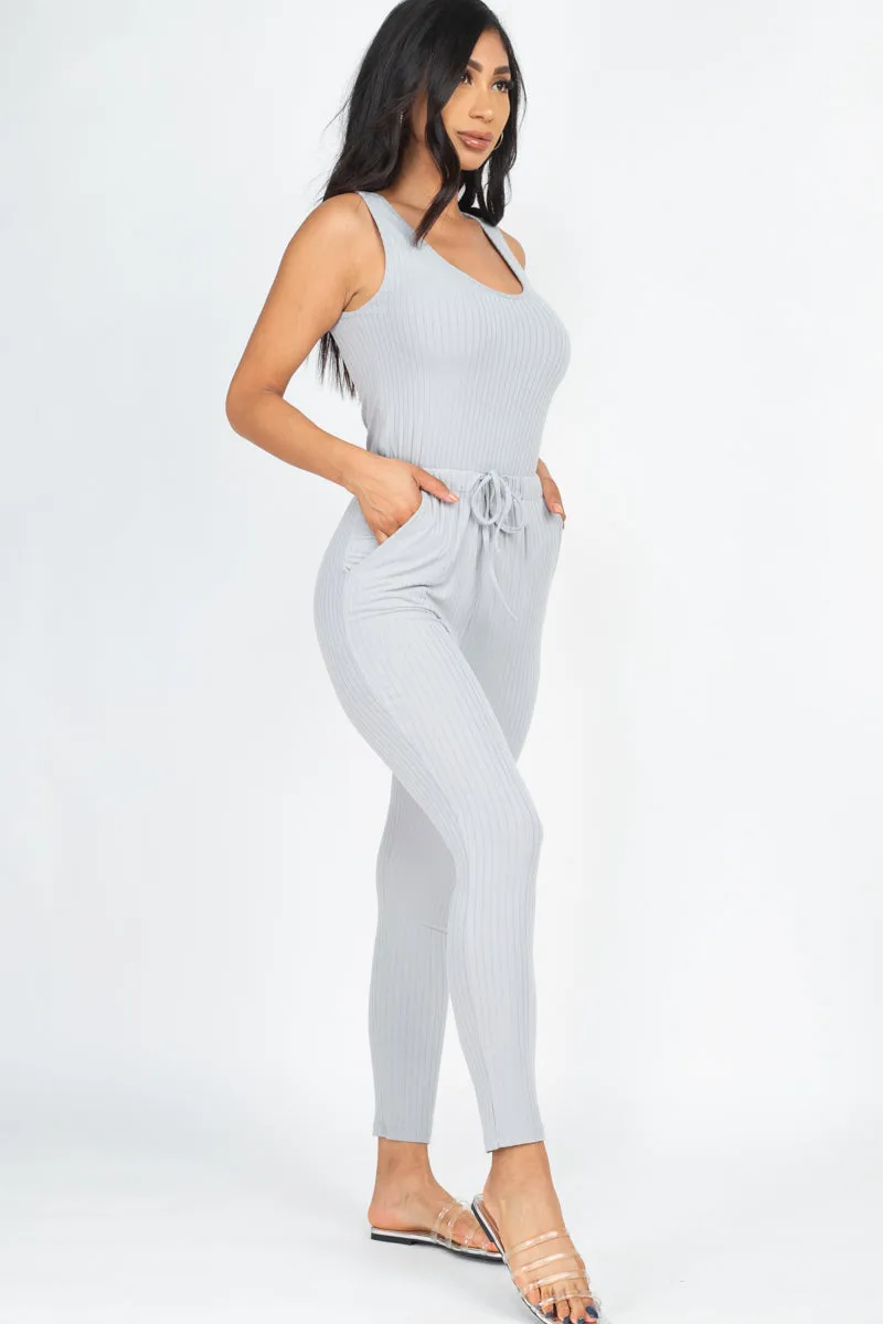 Ribbed Sleeveless Drawstring Jumpsuit (CAPELLA)