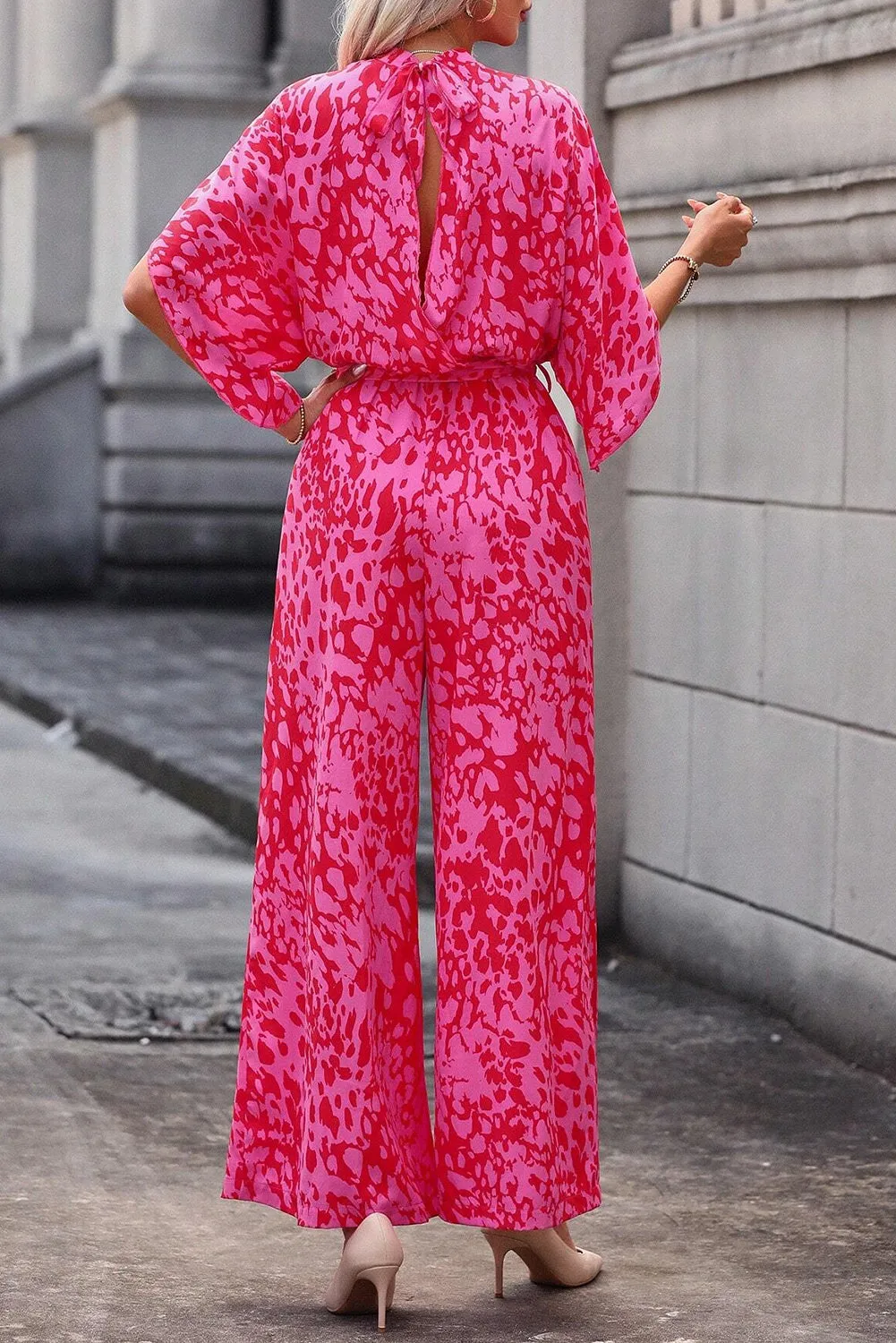 Rose Leopard Loose Sleeve Belted Wide Leg Jumpsuit