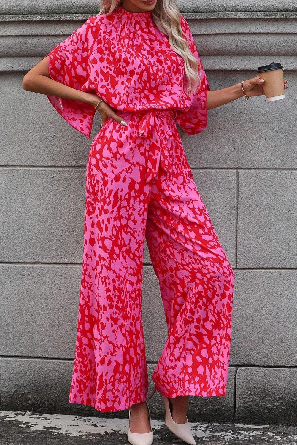 Rose Leopard Loose Sleeve Belted Wide Leg Jumpsuit