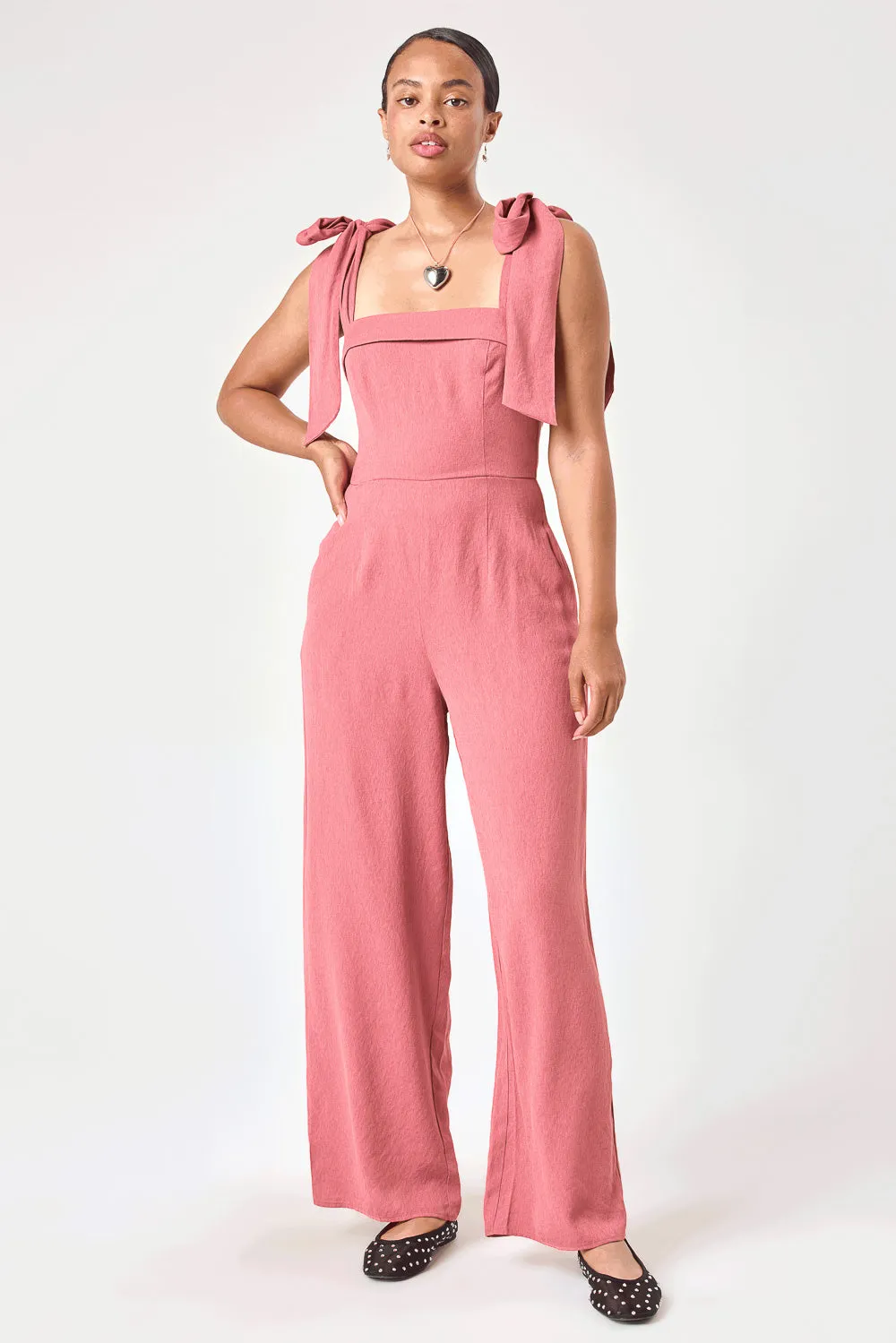 Rose Pink Tie Shoulder Jumpsuit