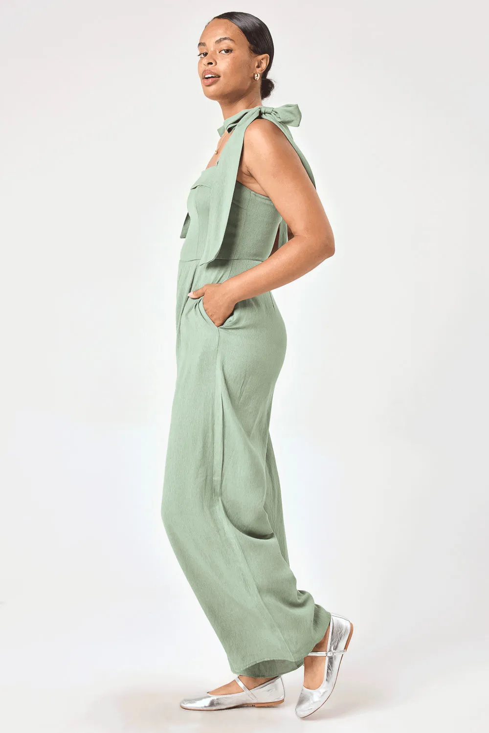 Sage Green Tie Shoulder Jumpsuit