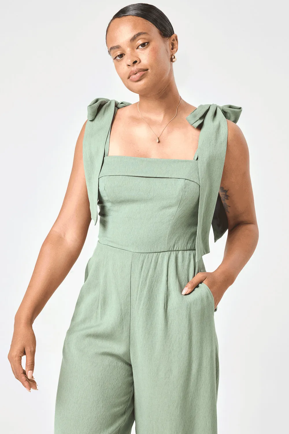 Sage Green Tie Shoulder Jumpsuit