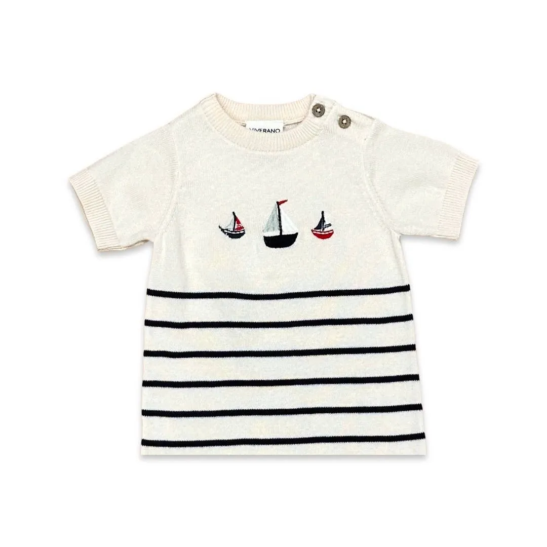 Sailboat Embroidered Knit Short Romper- Viverano Organics