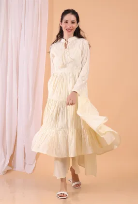 Set of 2: Cream Cotton Tiered Gathered Dress with Pants