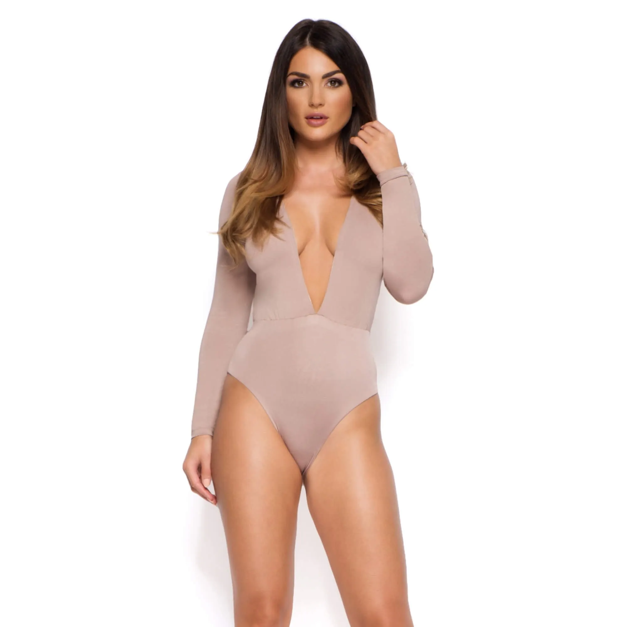 Show Down V Neck Bodysuit in Mocha