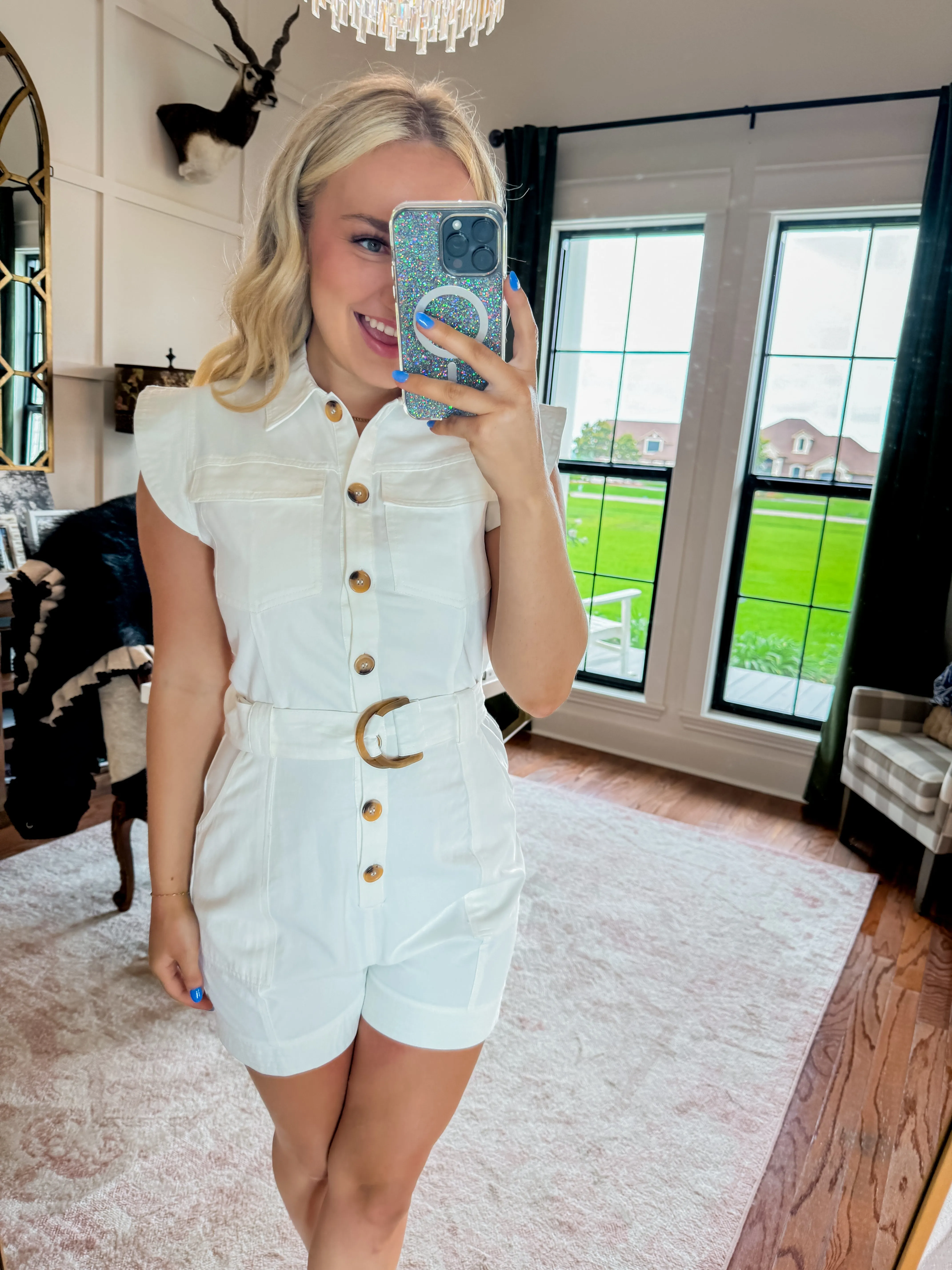 Sleeveless Belted Romper in White