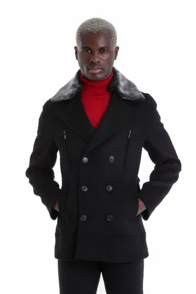 Slim Fit Cachet Double Breasted Black Wool Blend Coat