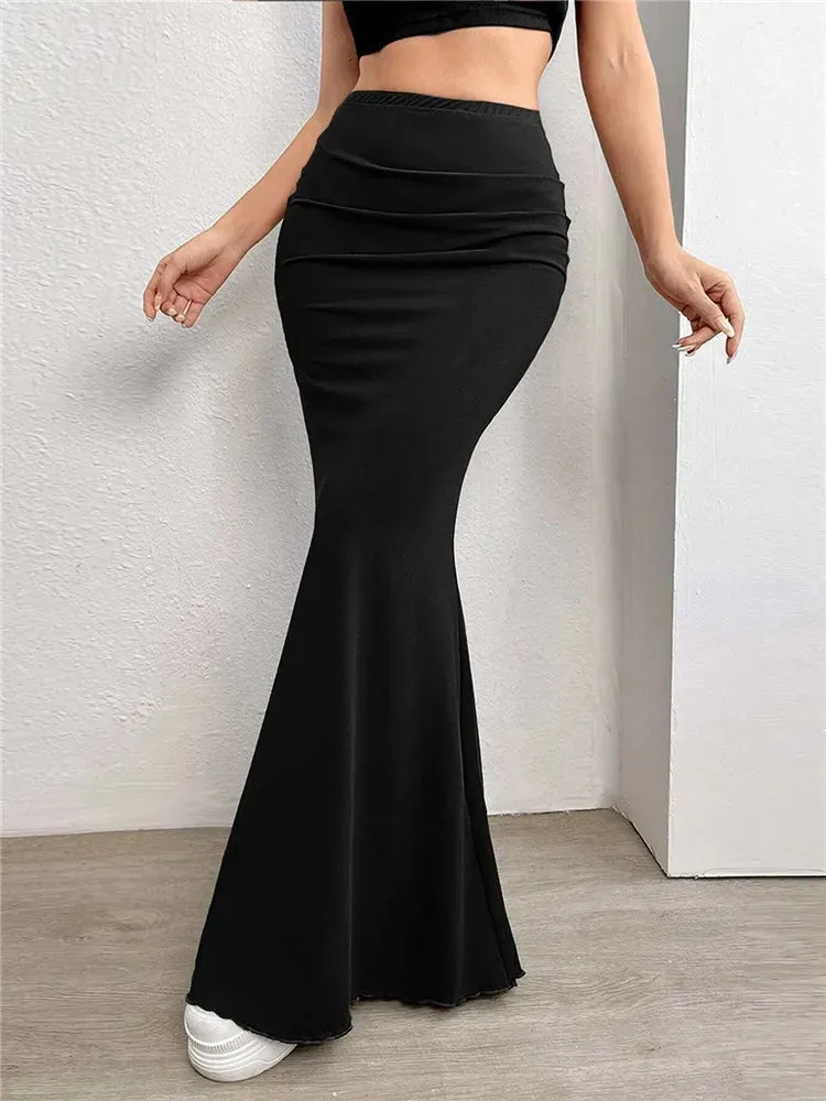 Solid High-Waist Floor-Length Mermaid Maxi Skirt