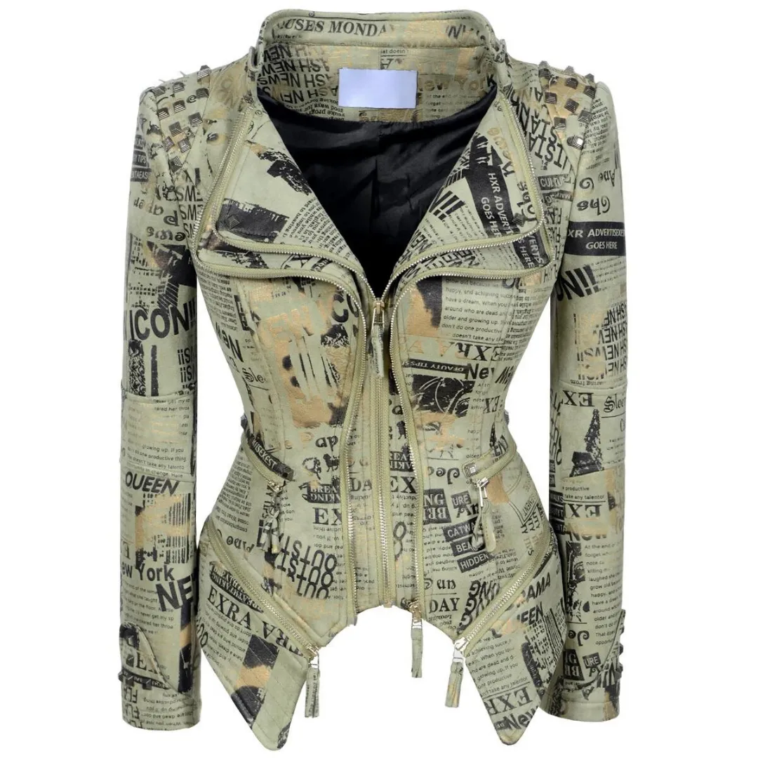 Stylish Newspaper Motorcycle Biker Studded Jacket