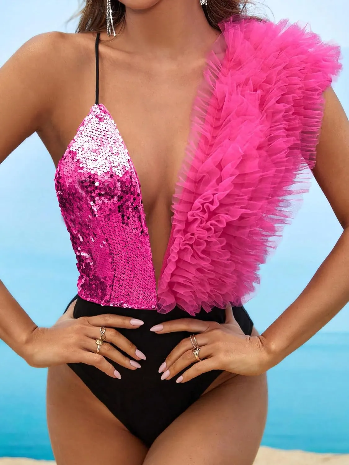 Stylish Pink Deep V Halter Two Tone Ruffled Bodysuit