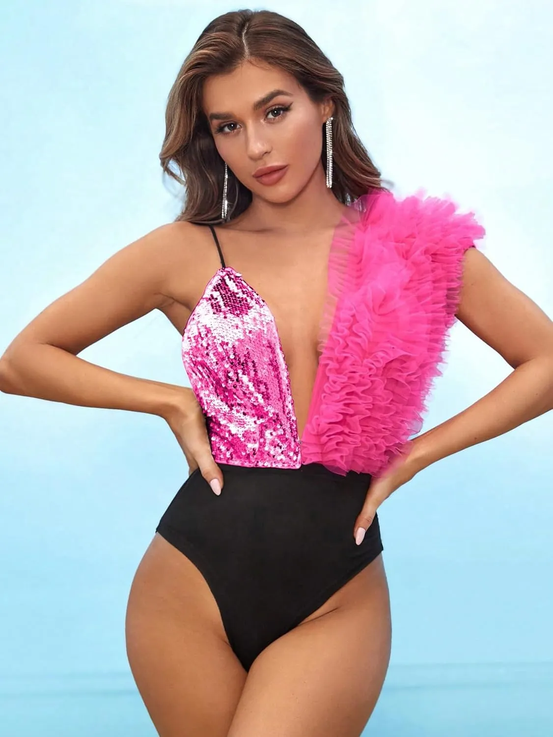 Stylish Pink Deep V Halter Two Tone Ruffled Bodysuit