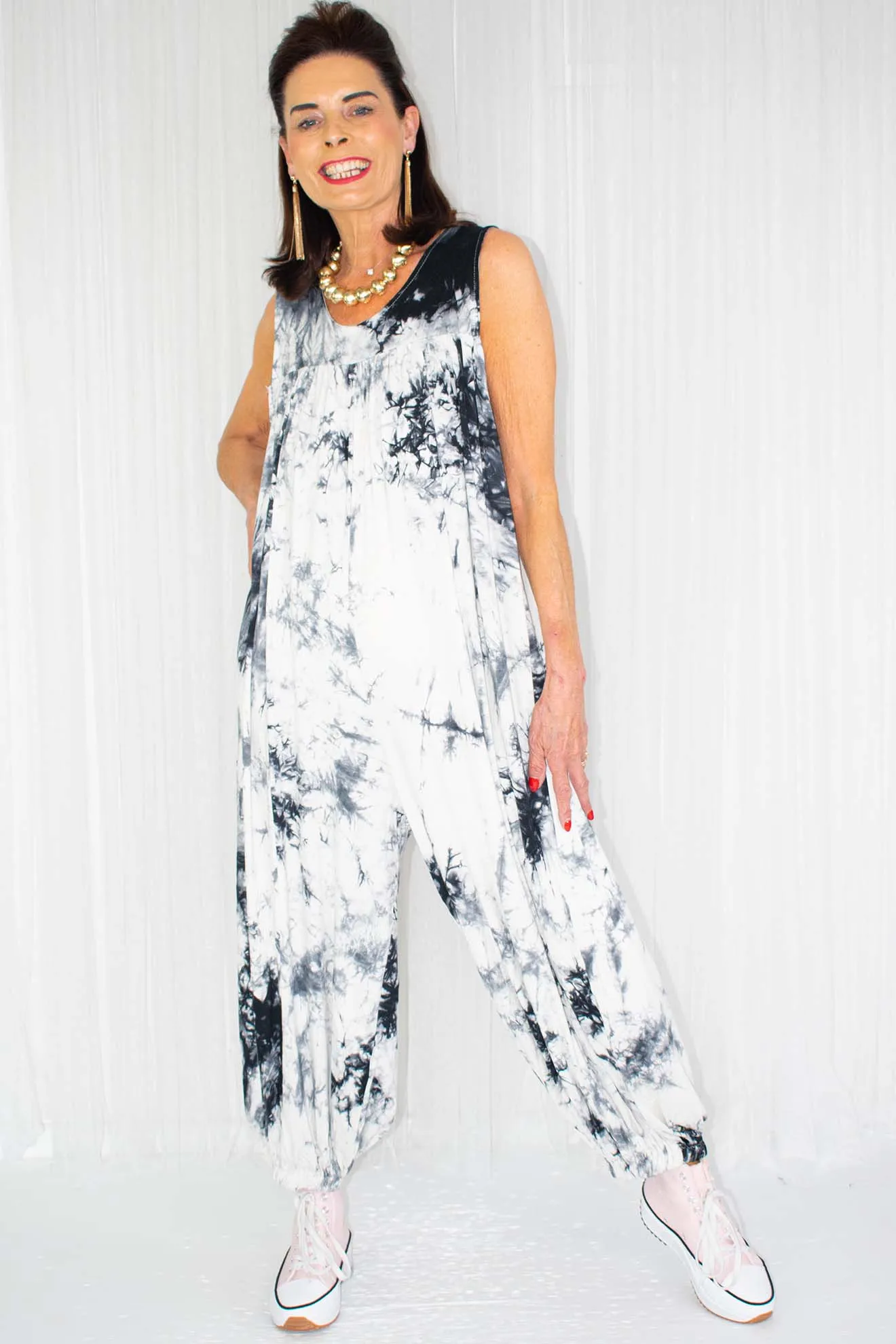 Tala Tie-Dye Jumpsuit In Beige with Black