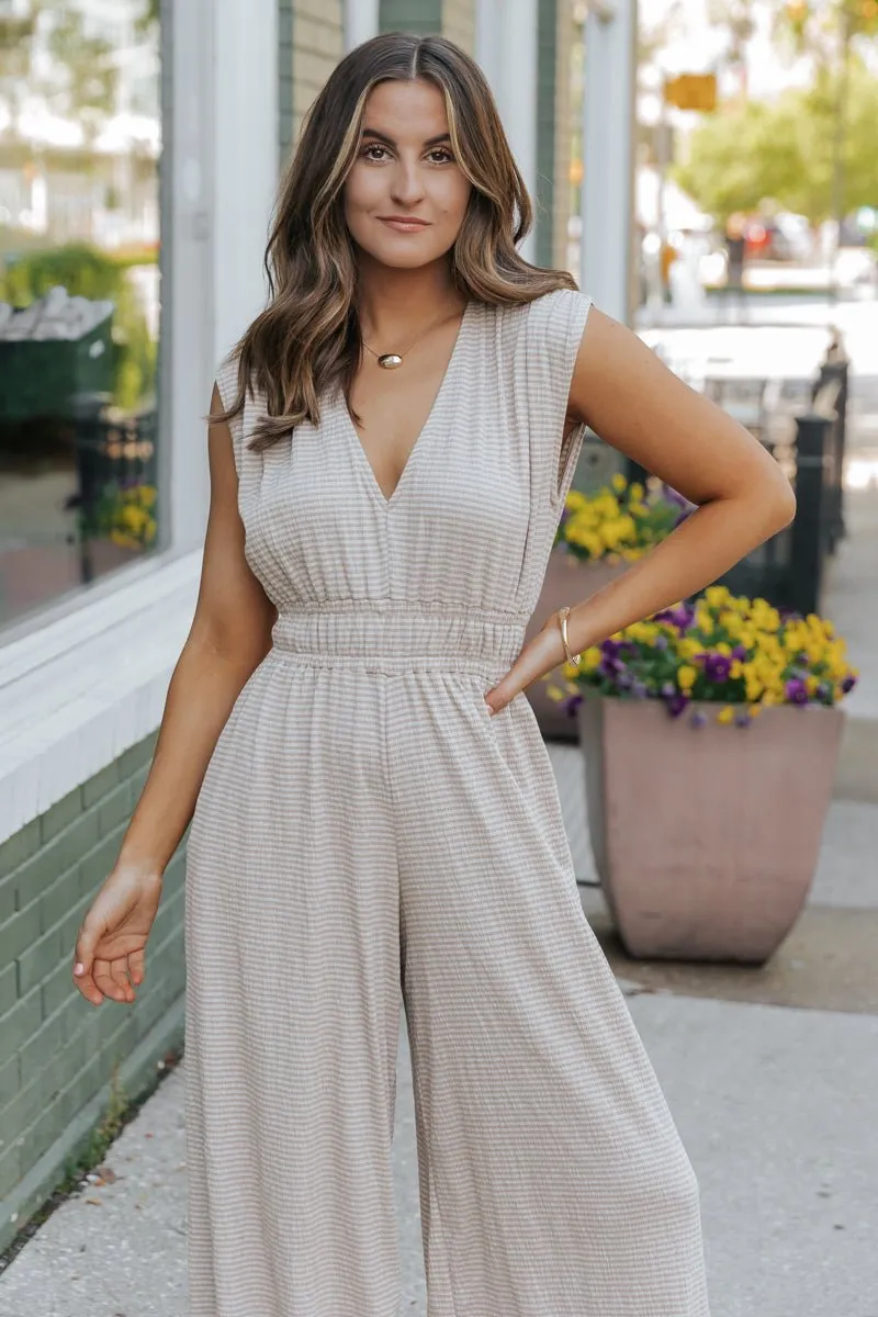 Taupe Striped Wide Leg Jumpsuit - FINAL SALE