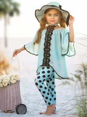 Teal Awakening Lace And Polka Dot Legging Set