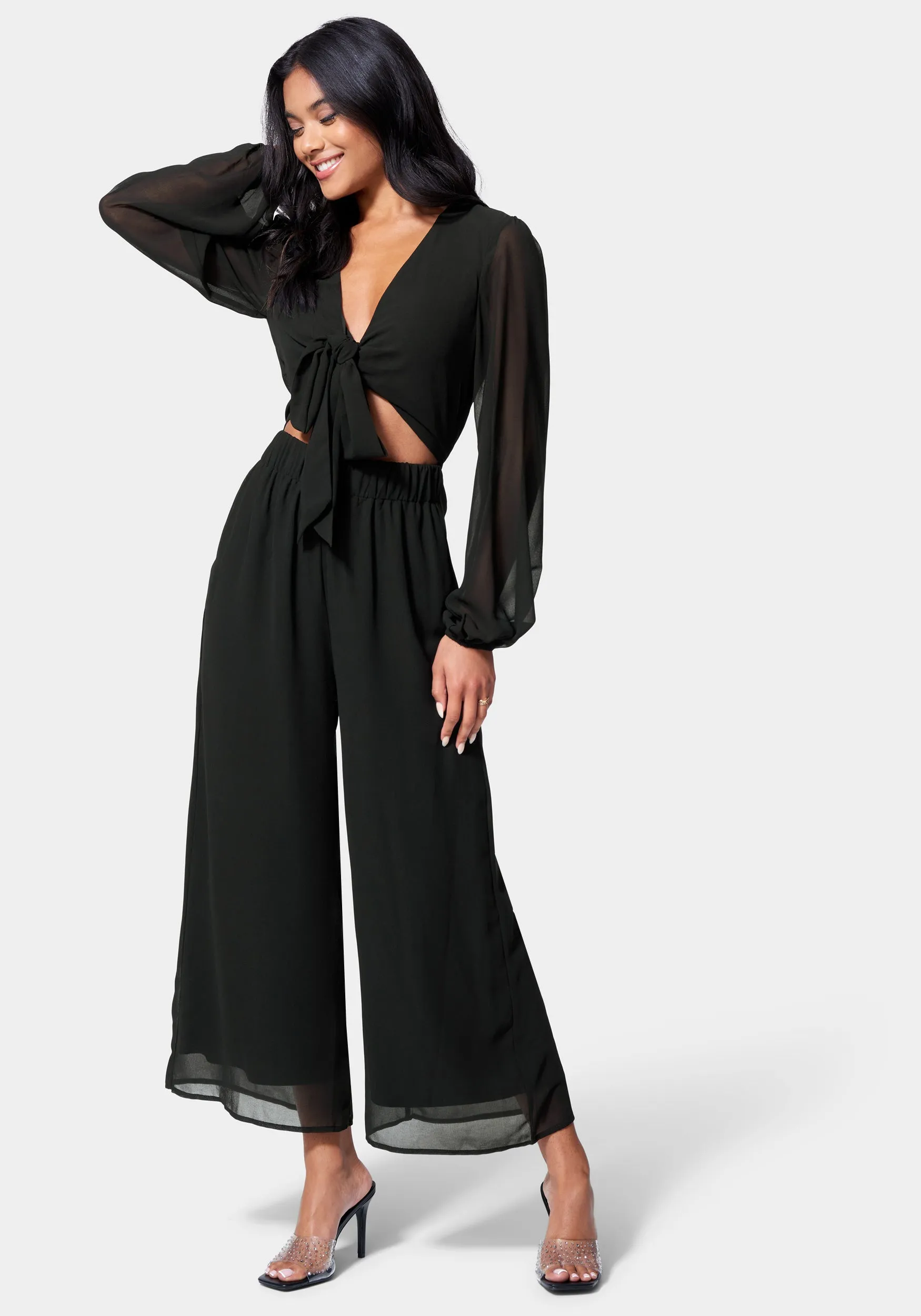 Tie Front Elastic Waist Jumpsuit