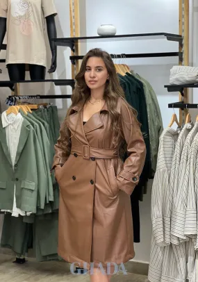 Trench-coat en simili cuir marron