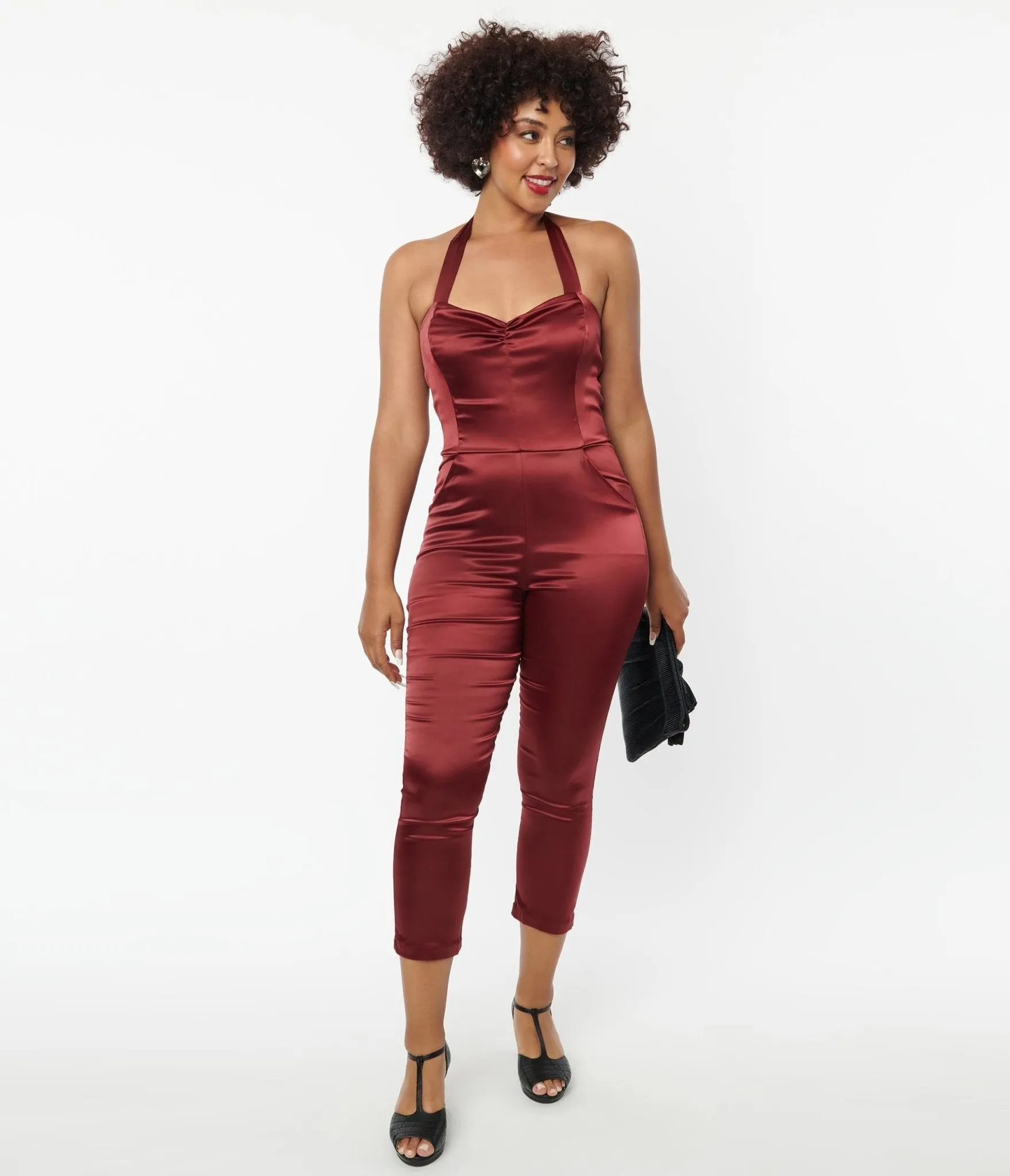 Unique Vintage 1970s Wine Satin Marcel Jumpsuit