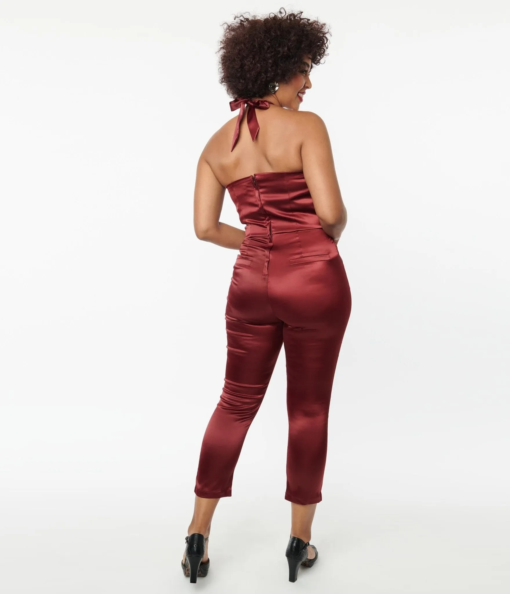 Unique Vintage 1970s Wine Satin Marcel Jumpsuit