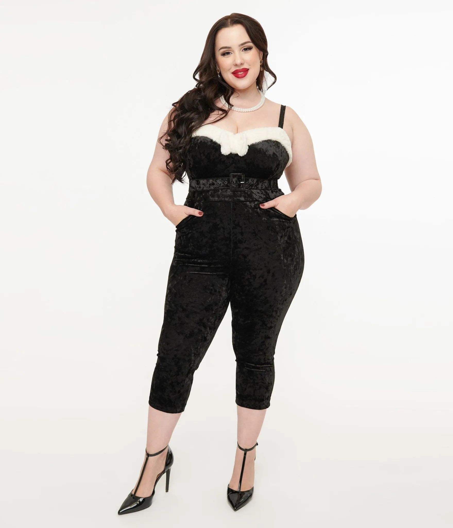 Unique Vintage Plus Size 1950s Black & White Faux Fur Cropped Jumpsuit