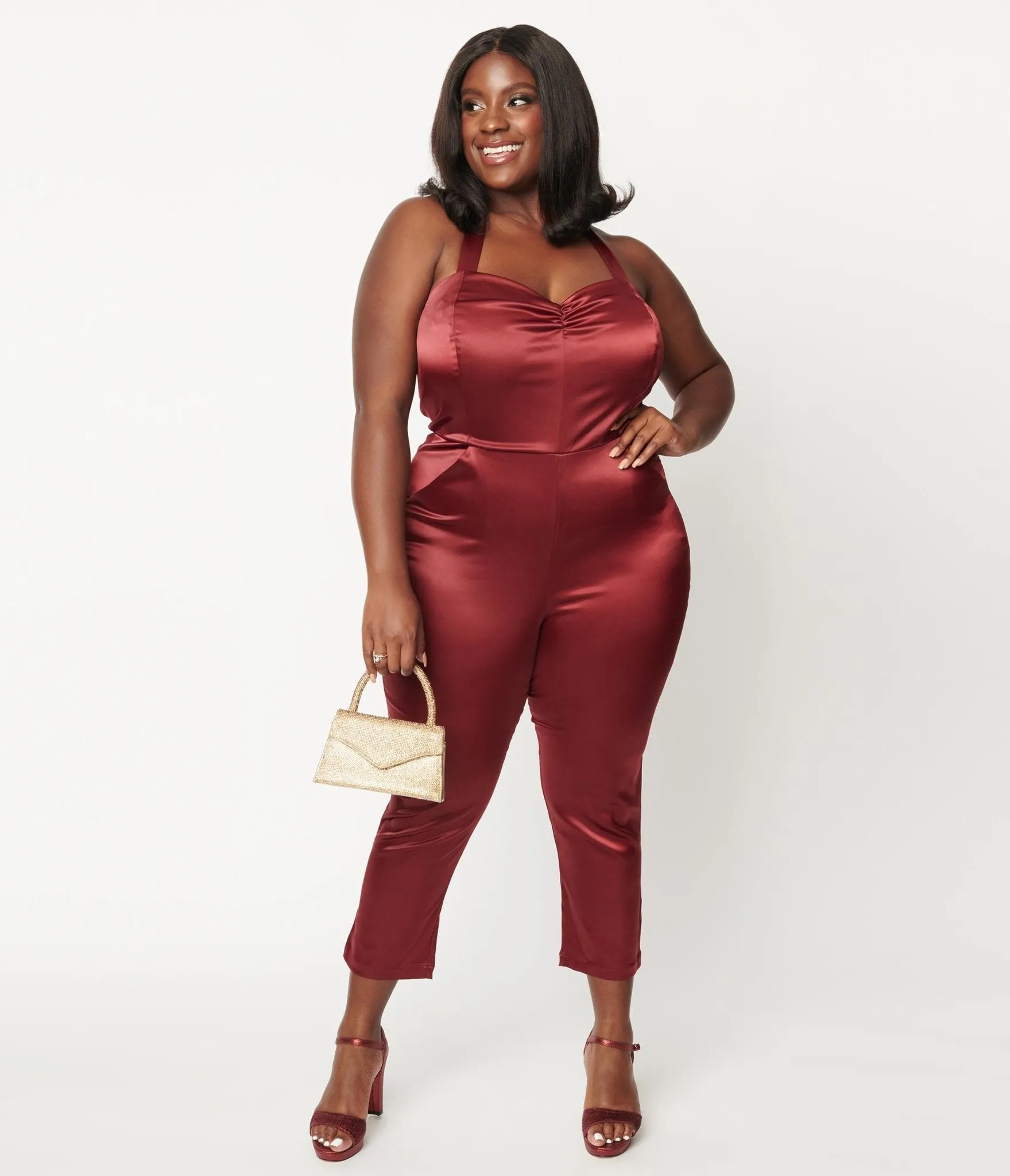 Unique Vintage Plus Size 1970s Wine Satin Marcel Jumpsuit