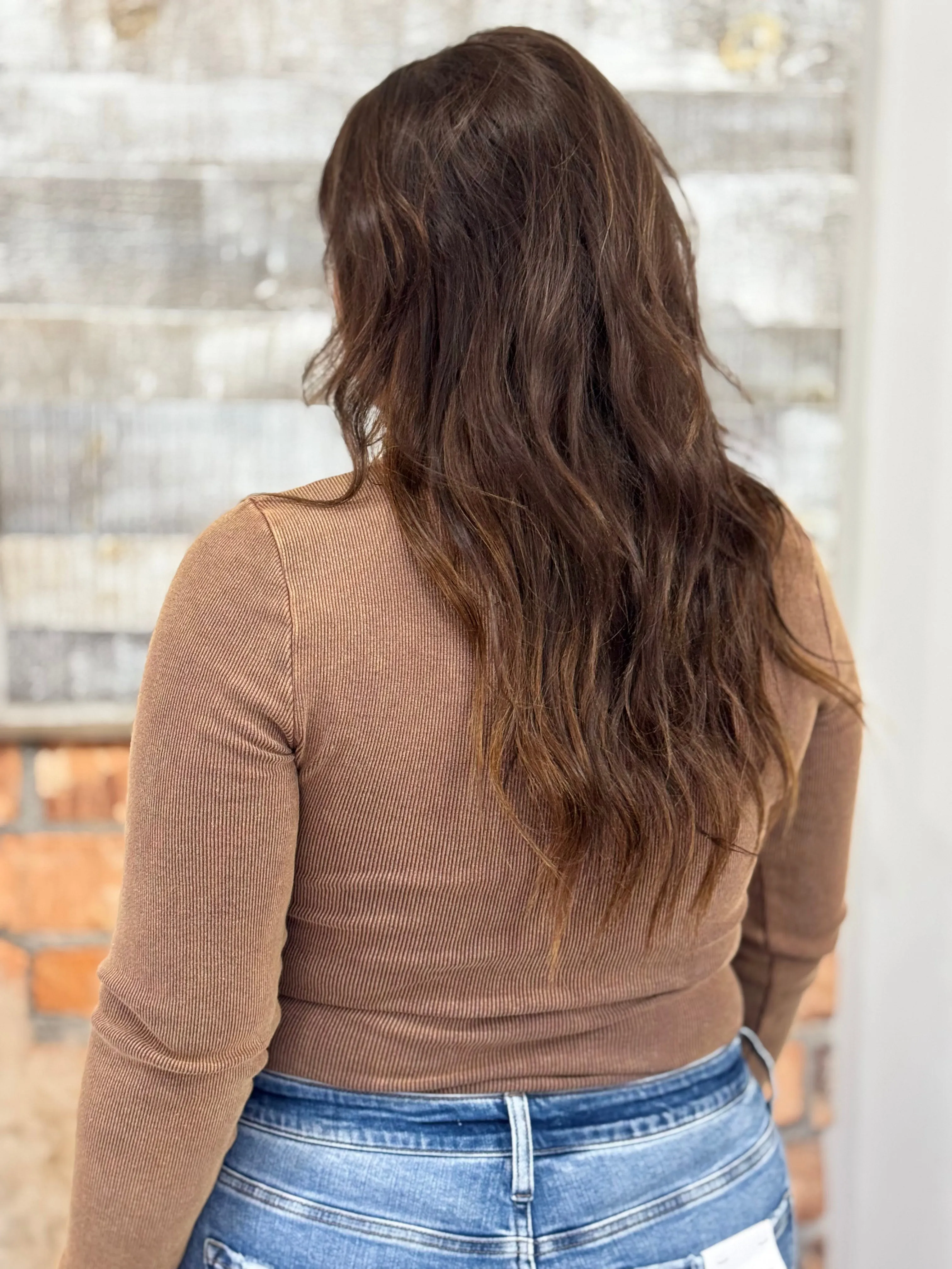 Washed Henley Bodysuit in Brown