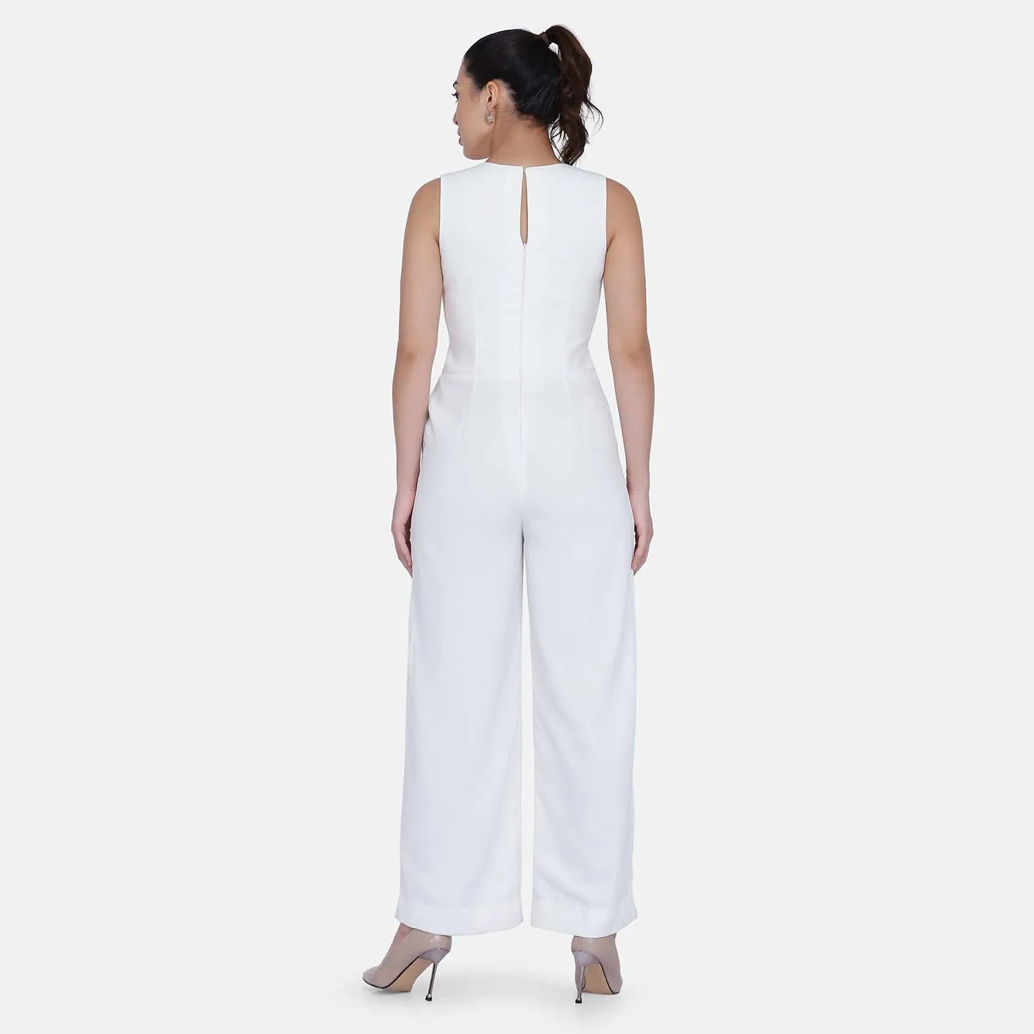 White Poly Crepe Lined Jumpsuit for Women