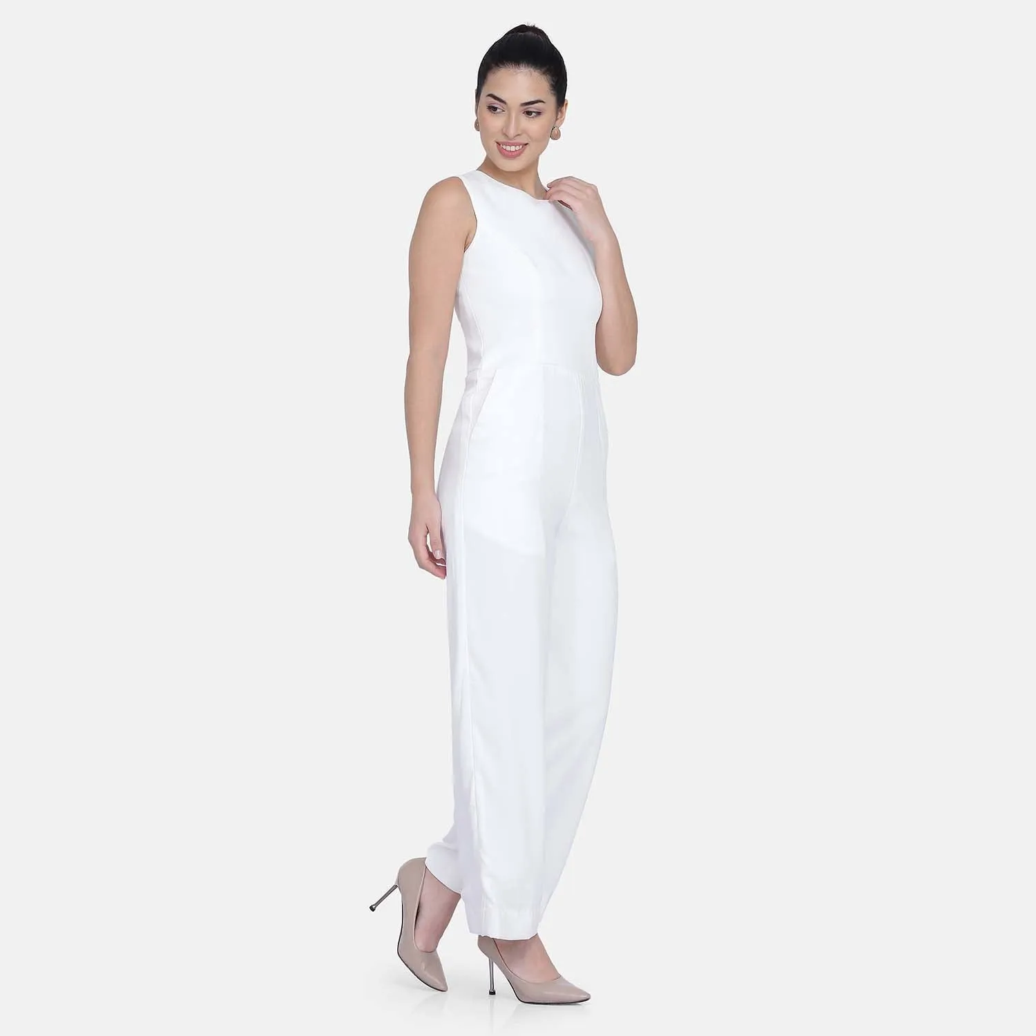 White Poly Crepe Lined Jumpsuit for Women