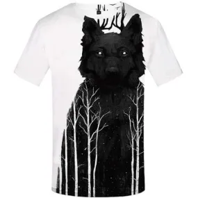 Wolf T-shirt Men Animal T shirts Funny Black And White Tshirts Novelty Forest Tshirts Cool Art Tshirts Casual Short Sleeve