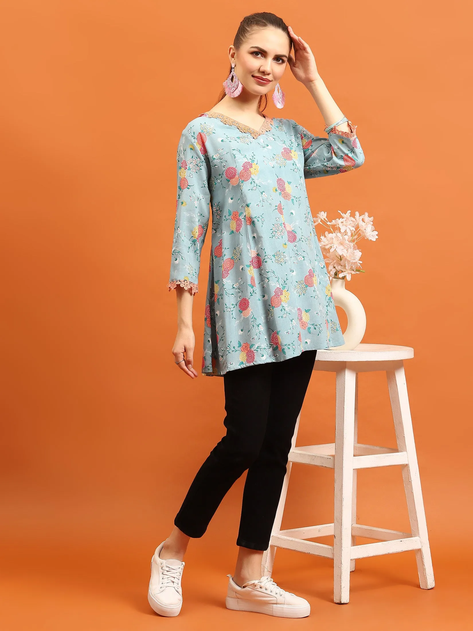 Women Sea Blue Floral Printed Tunic