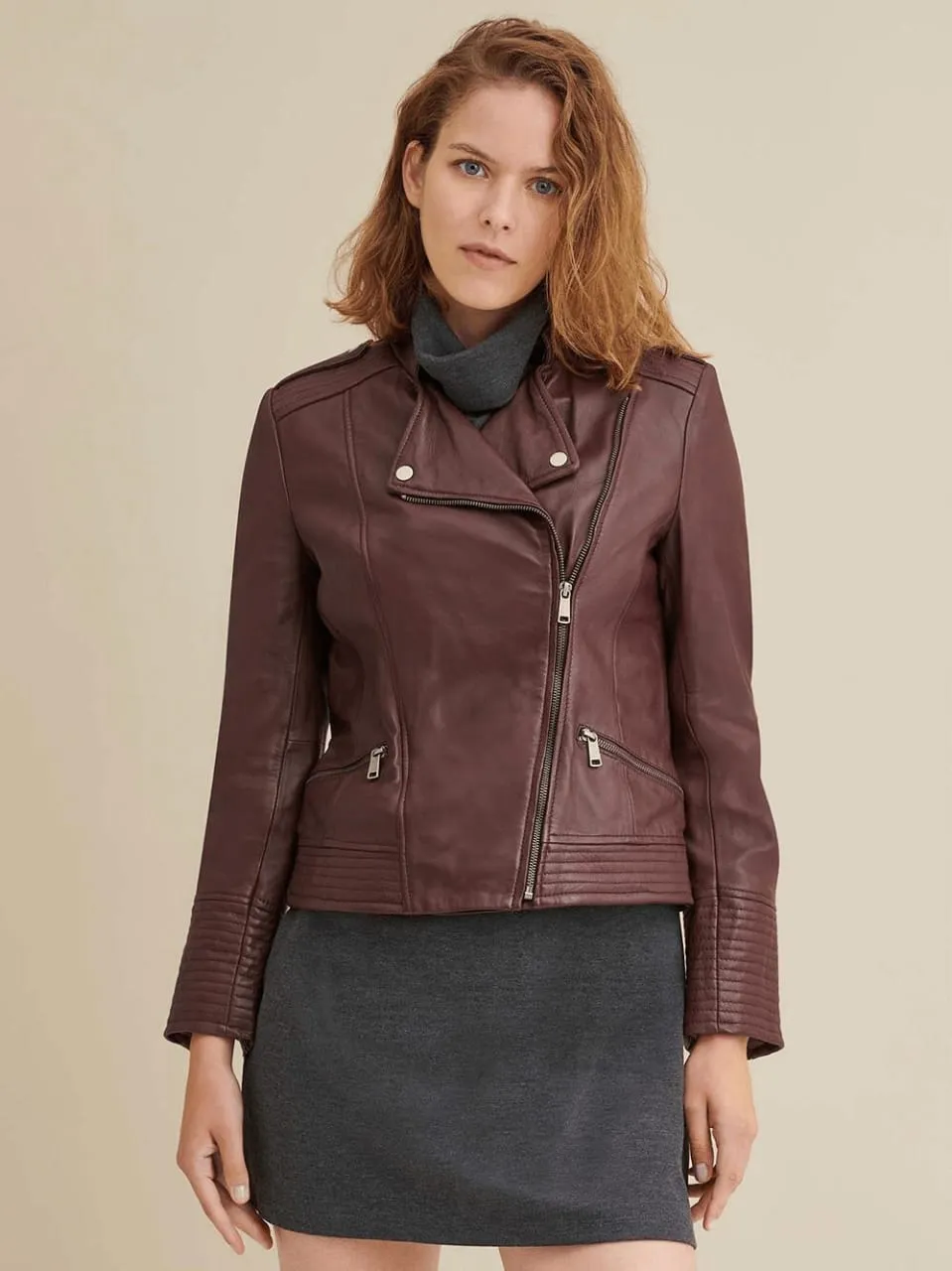 Women’s Maroon Leather Biker Jacket