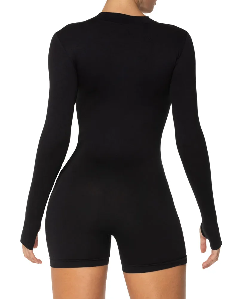 Women's One Piece Zip Up Rompers Long Sleeve Ribbed