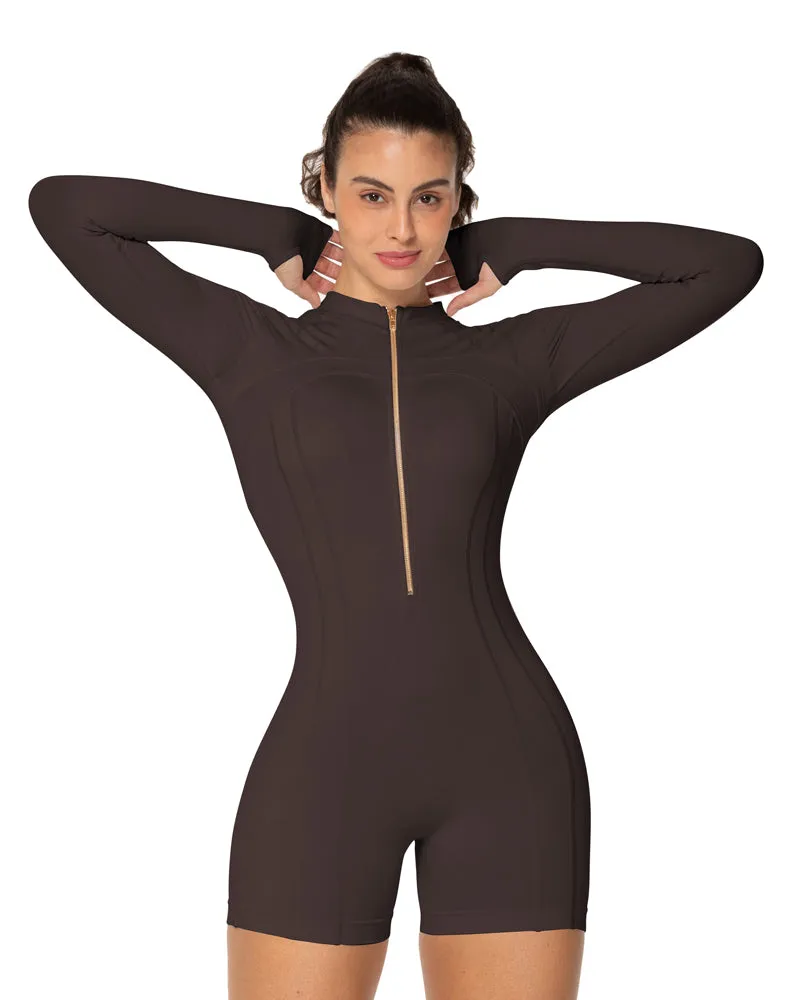 Women's One Piece Zip Up Rompers Long Sleeve Ribbed