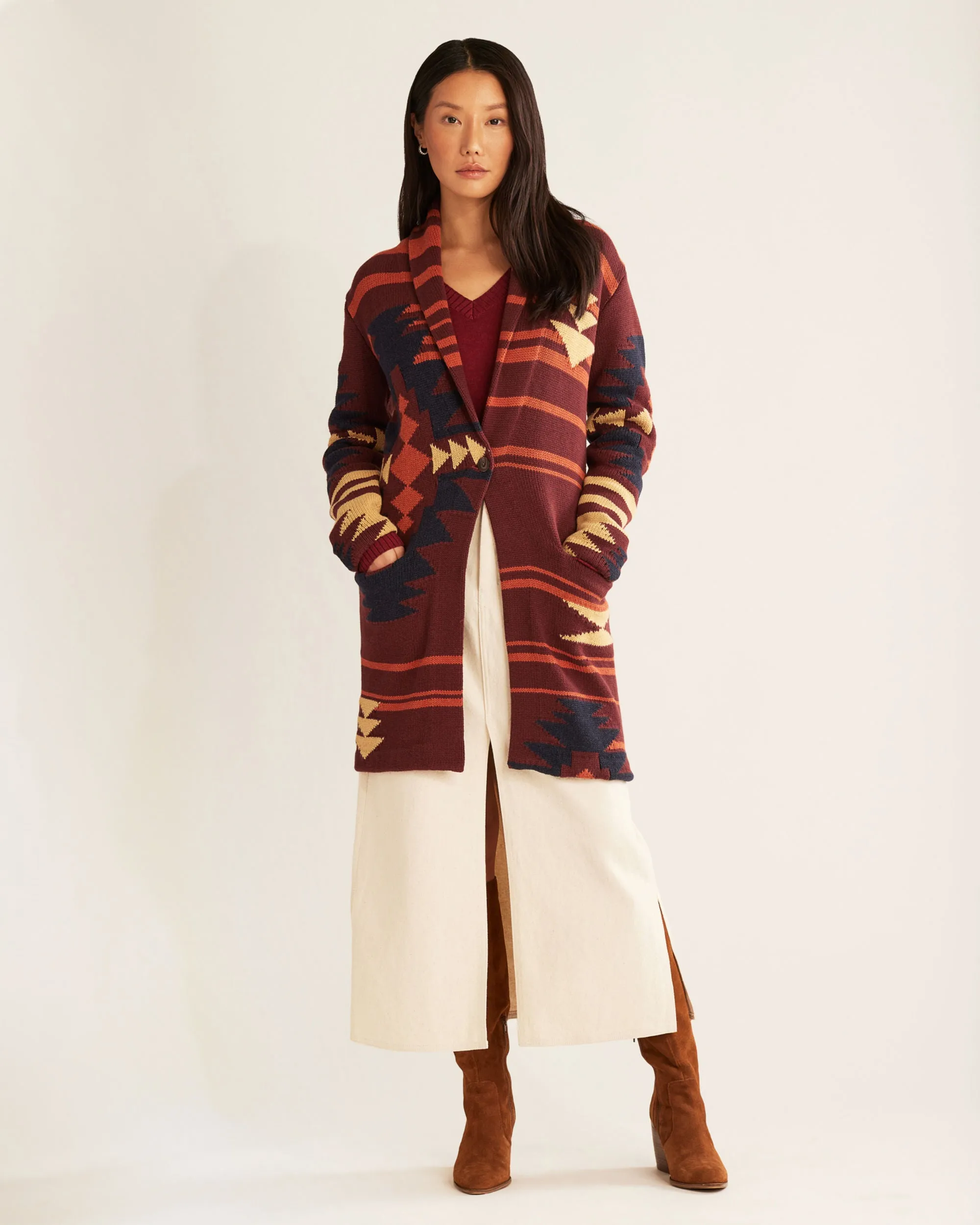 Women's Pendleton | Graphic Long Sweater Coat | Maroon Multi