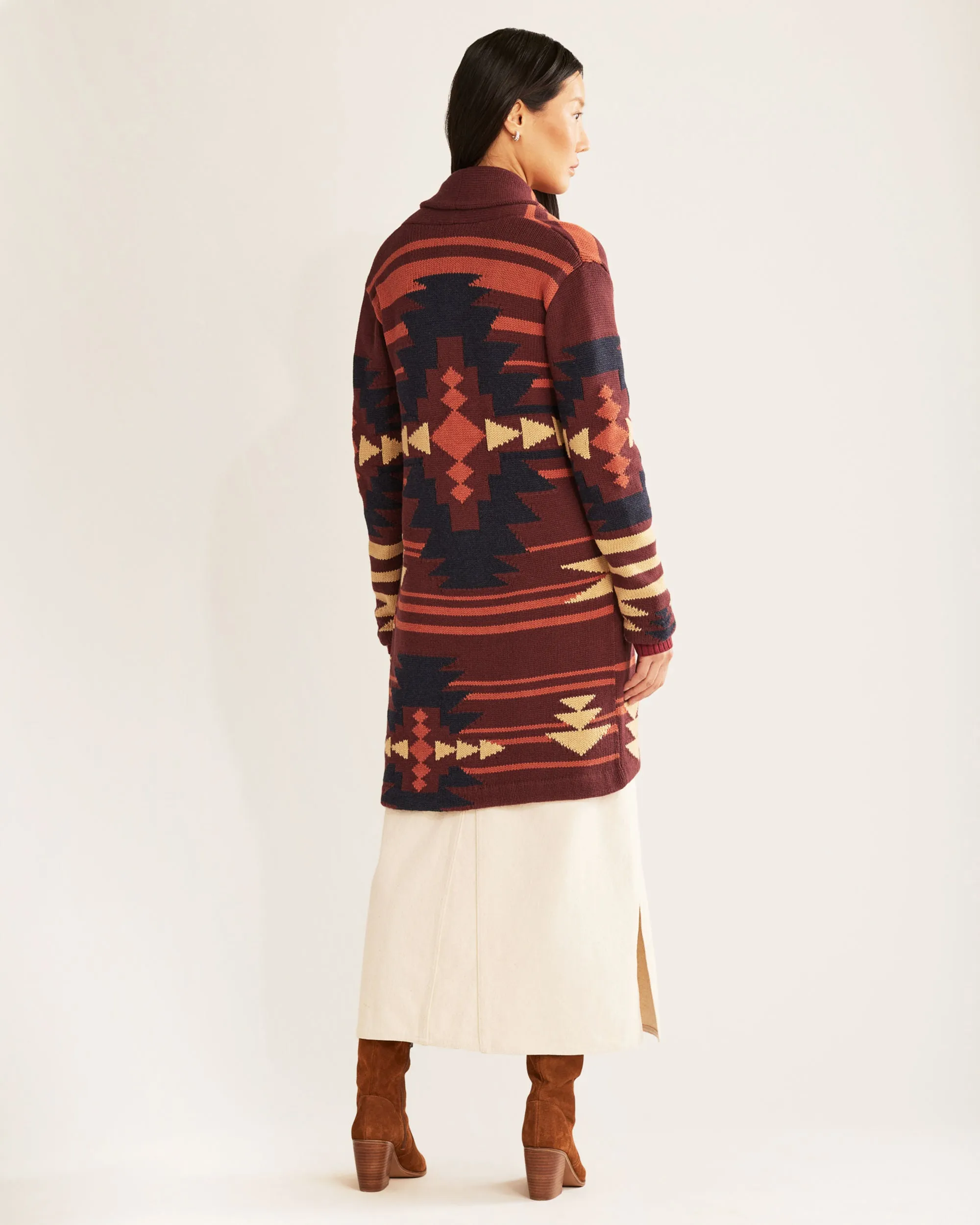 Women's Pendleton | Graphic Long Sweater Coat | Maroon Multi