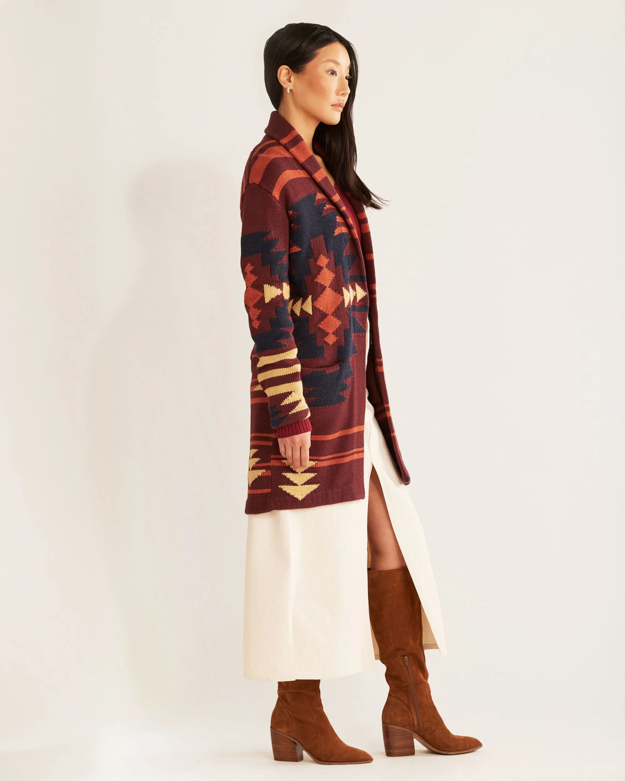 Women's Pendleton | Graphic Long Sweater Coat | Maroon Multi