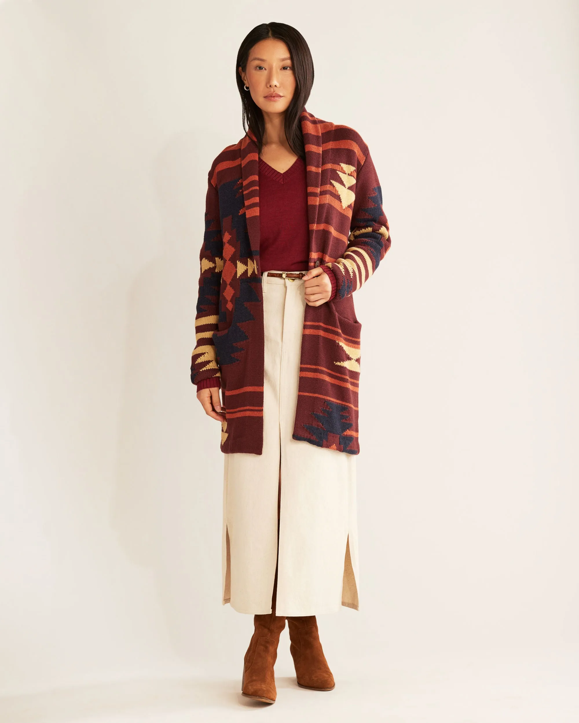 Women's Pendleton | Graphic Long Sweater Coat | Maroon Multi