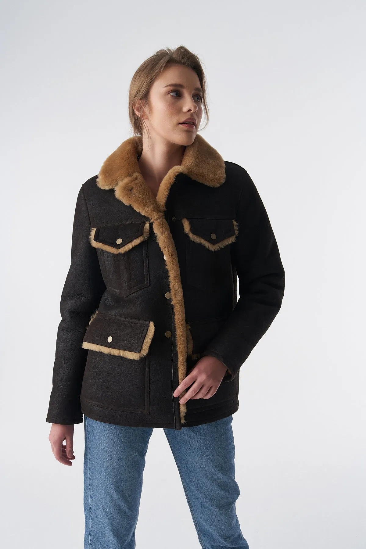 Women's Sheepskin Western Trucker Coat, Washed Brown with Ginger Wool